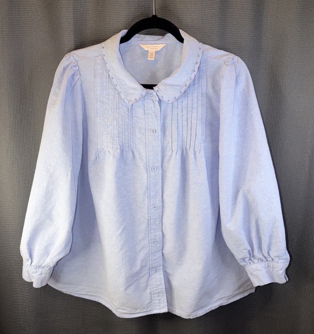 LC Lauren Conrad Blouse Women’s Plus OX Blue Peter Pan Collar Pintuck Cotton Top